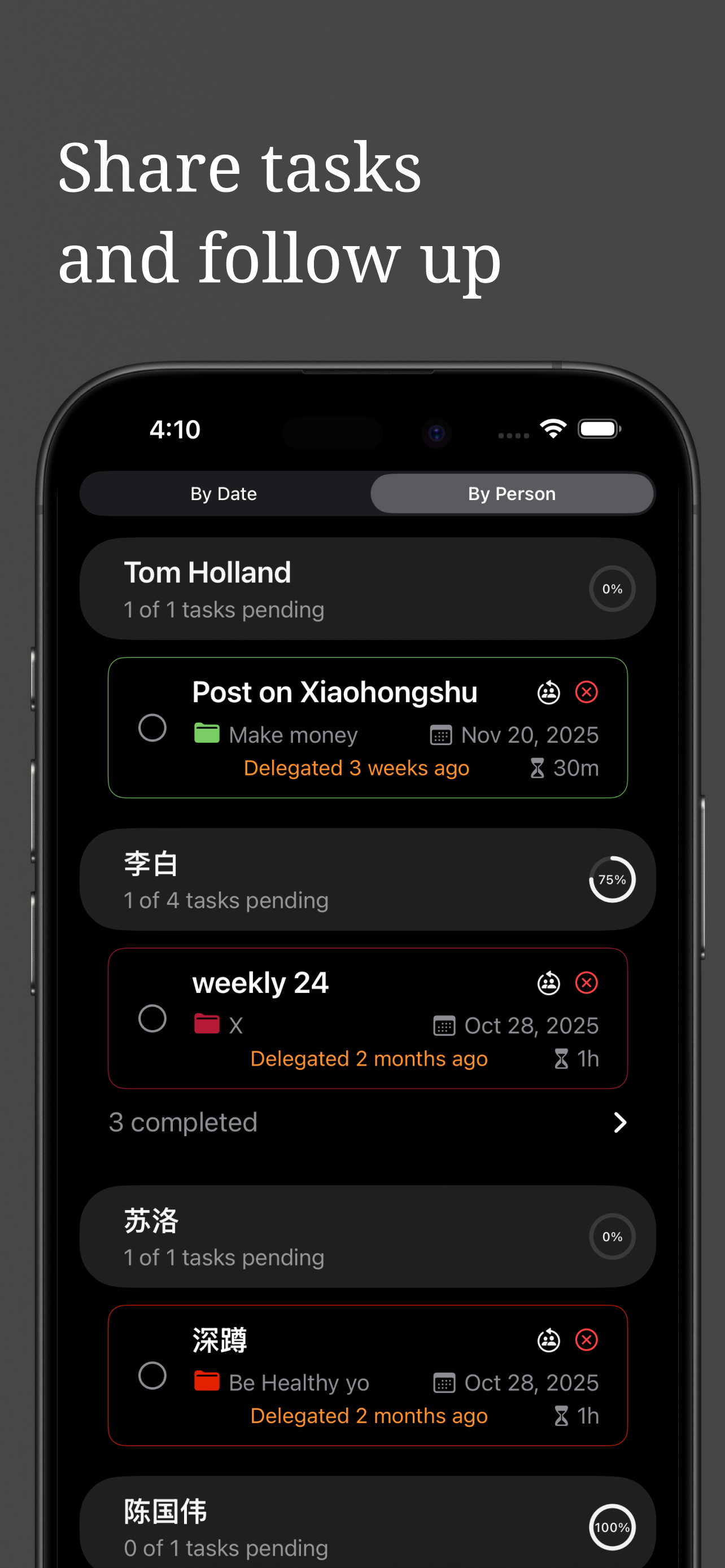 Projectholic iPhone view showing a client project broken into milestones