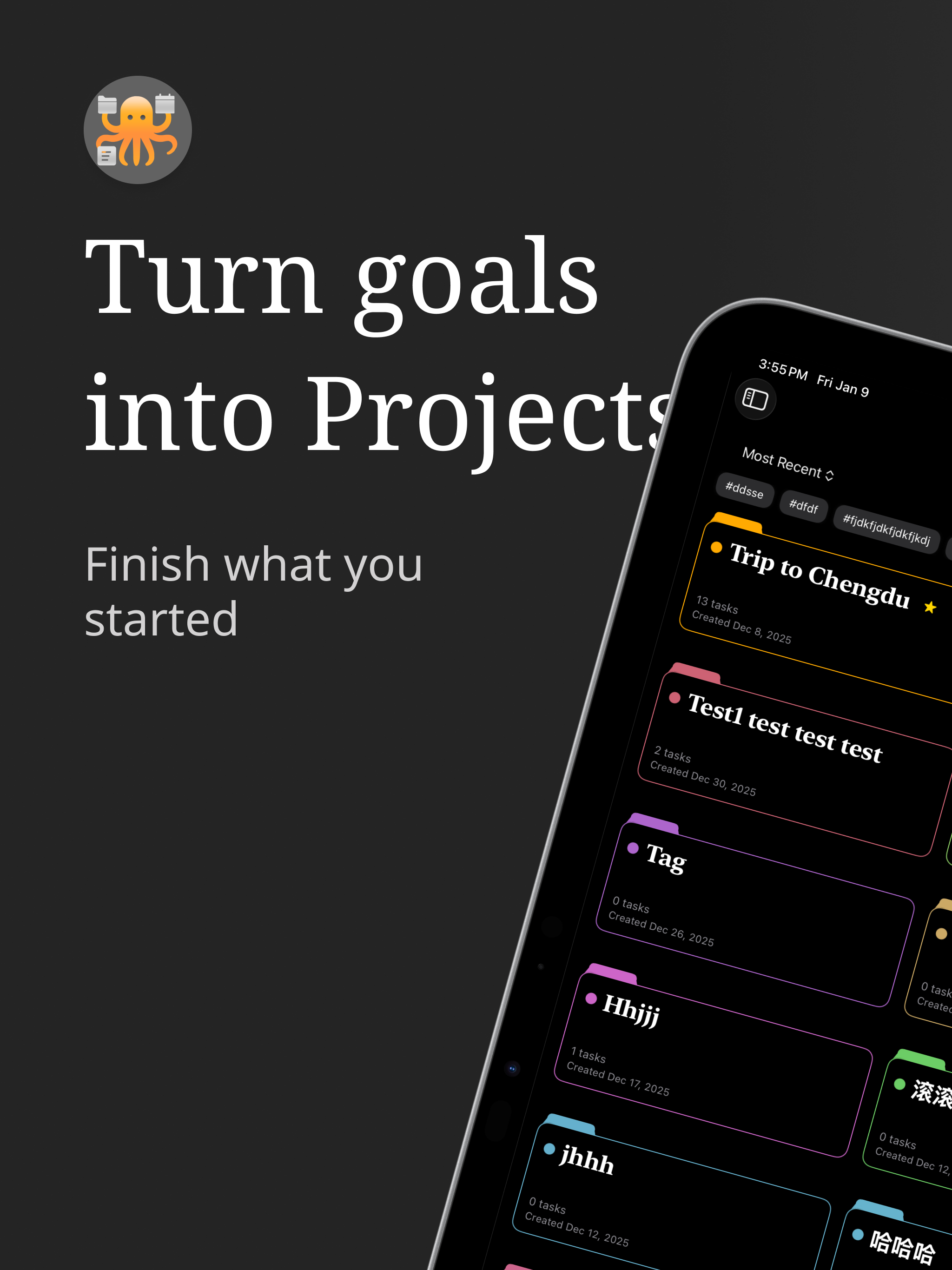 Projectholic on iPad showing a project planning timeline with milestones