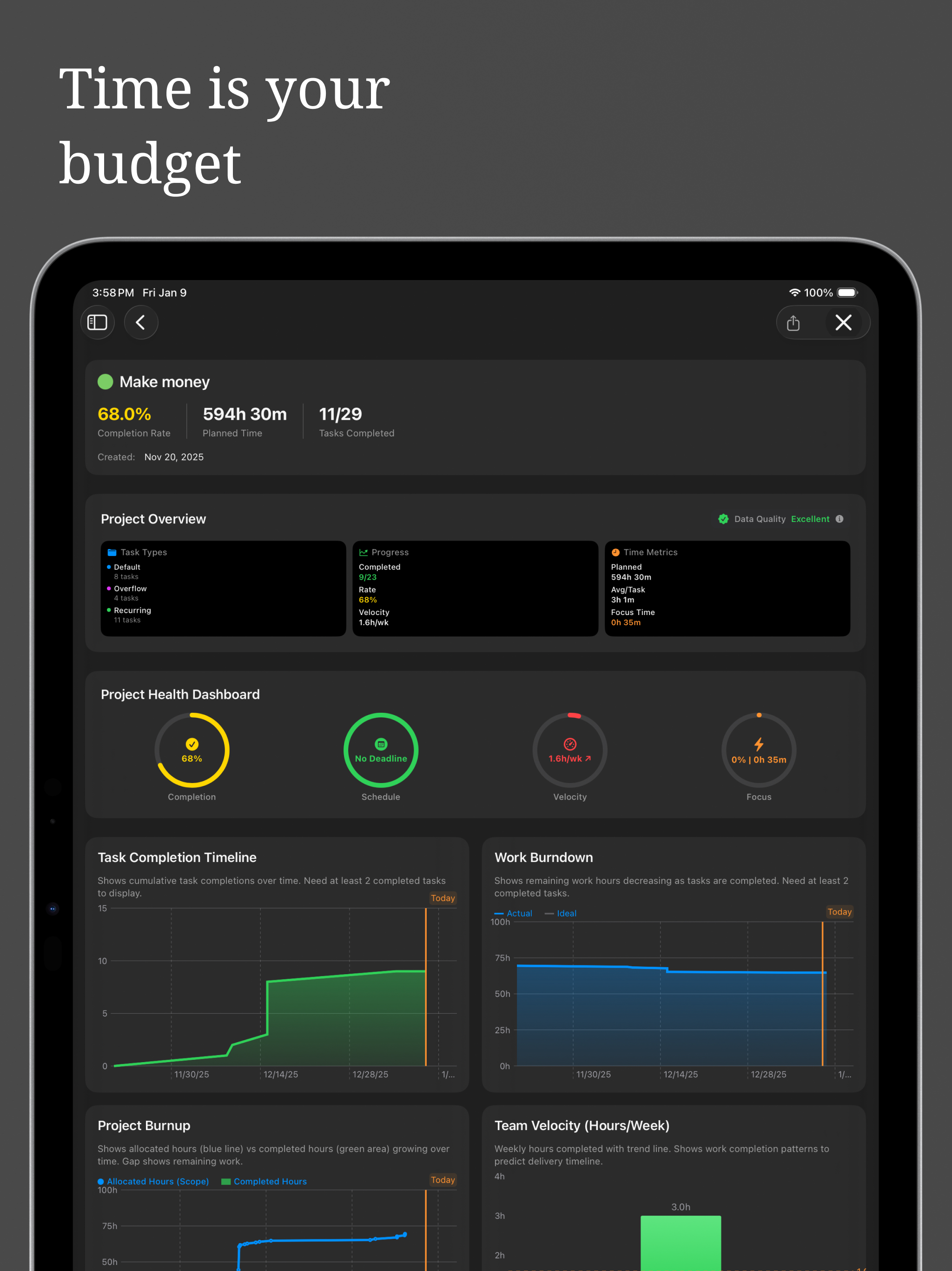 Projectholic project view on iPad, showing multiple overlapping client projects